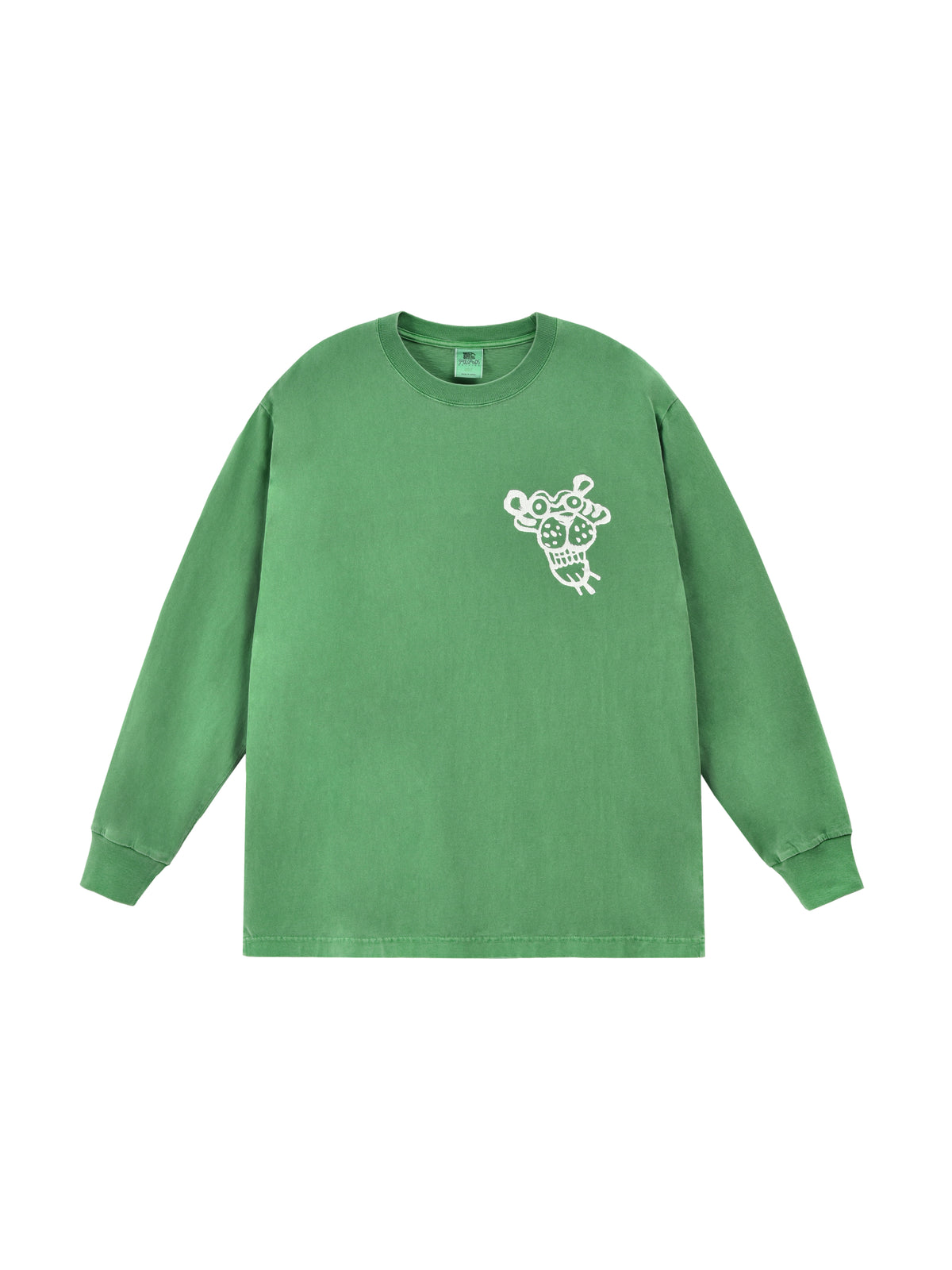Green long-sleeve shirt with a white soulgoods tiger logo on a white background