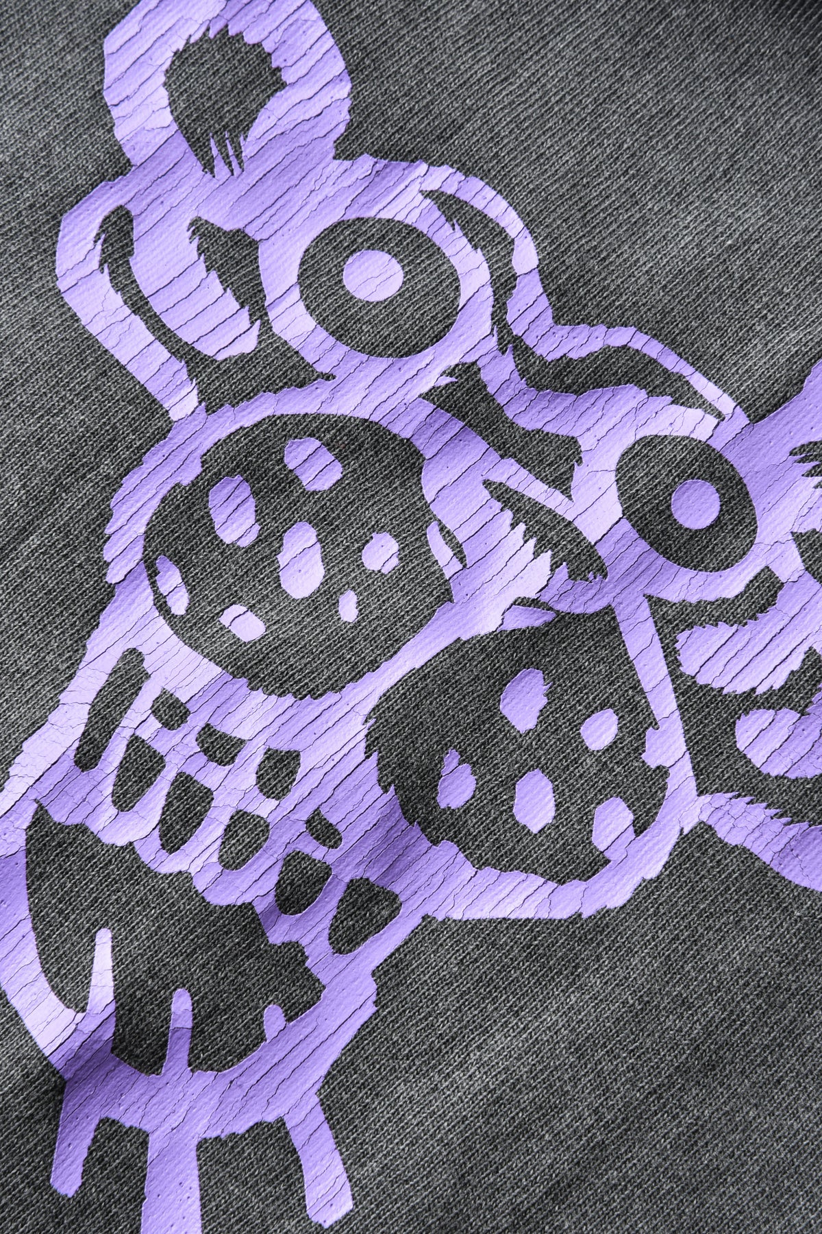 Close-up of a gray fabric with purple soulgoods tiger head design
