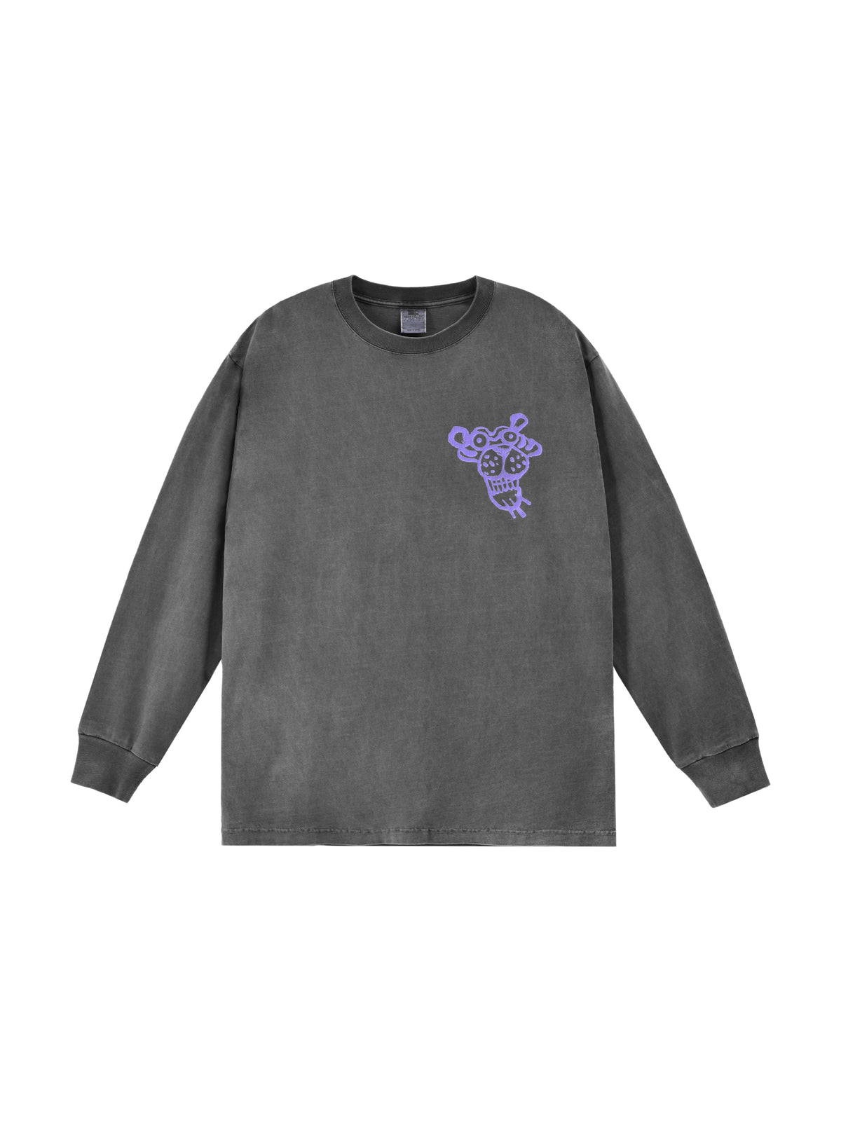 Gray long-sleeve shirt with a purple soulgoods tiger graphic on a white background