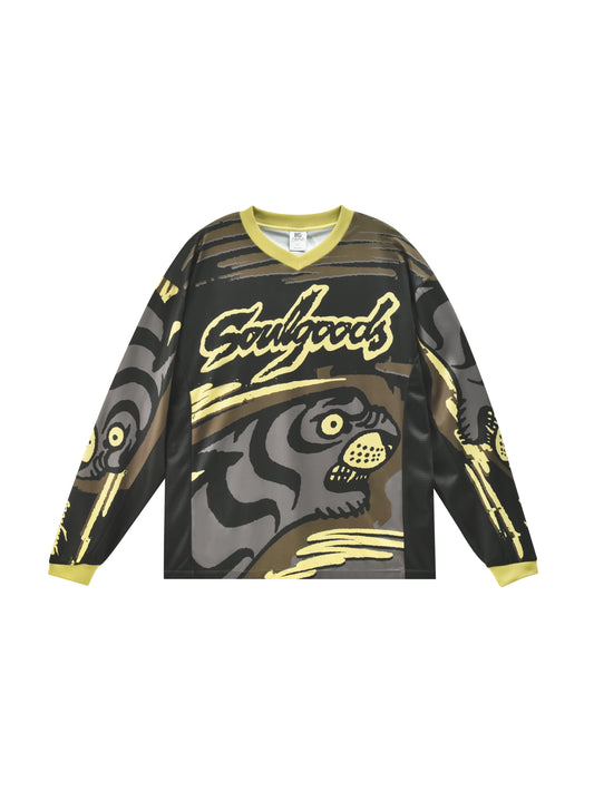 Long-sleeve shirt with a graphic design and 'Soulgoods' branding on a white background