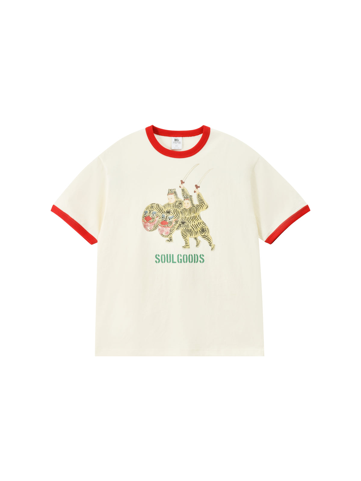 White t-shirt with red trim featuring a graphic design and 'Soul Goods' text on a white background