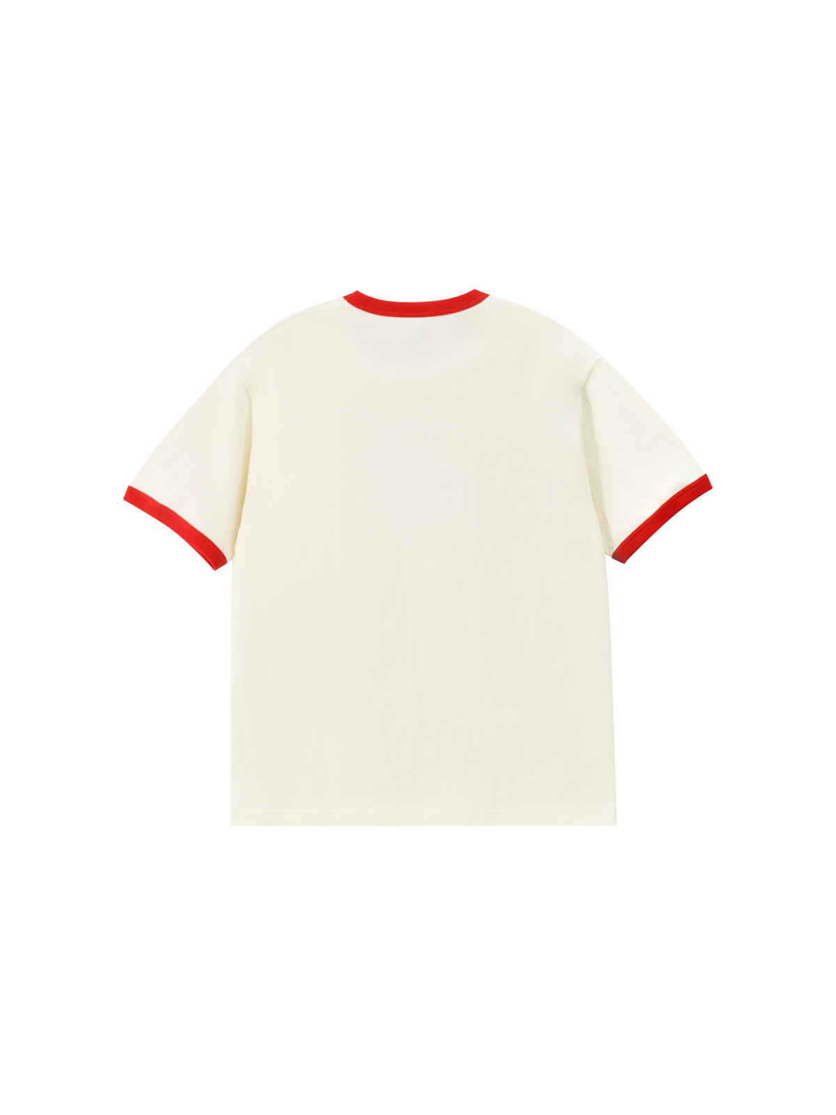 White t-shirt with red trim on a white background
