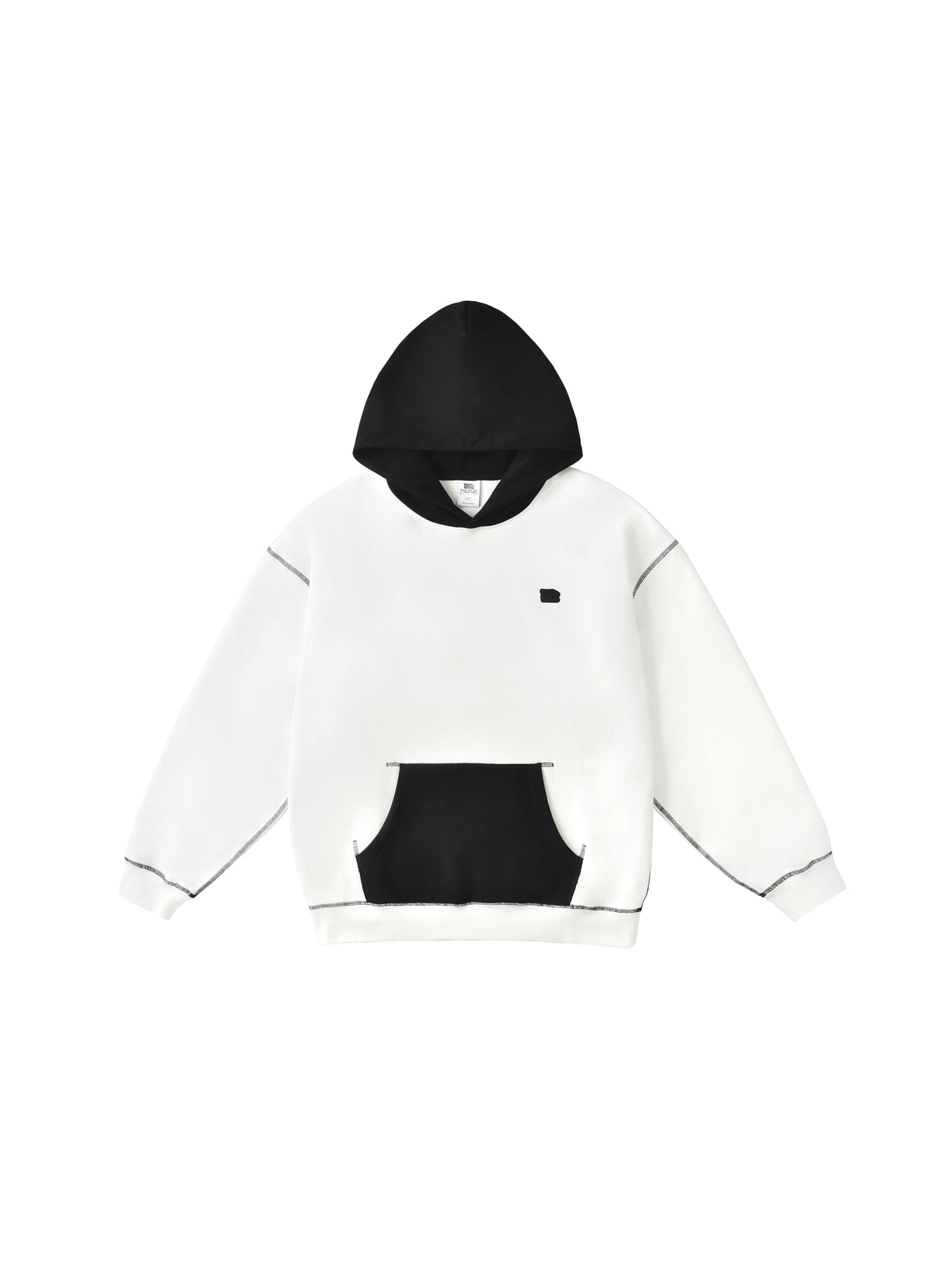 White hoodie with black accents on a white background