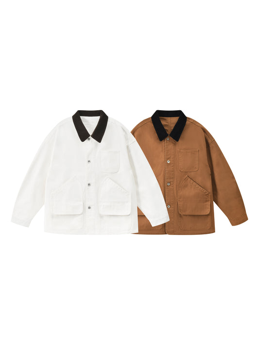 Two jackets, one white and one brown, with black collars on a white background.