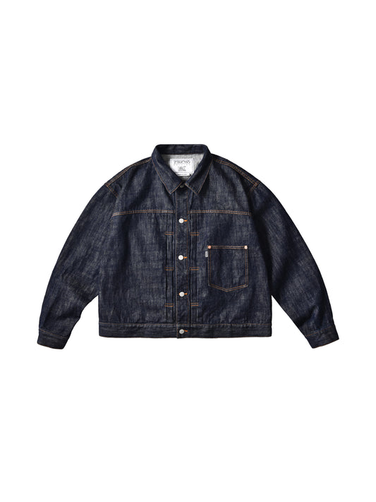 Dark blue denim jacket on a white background