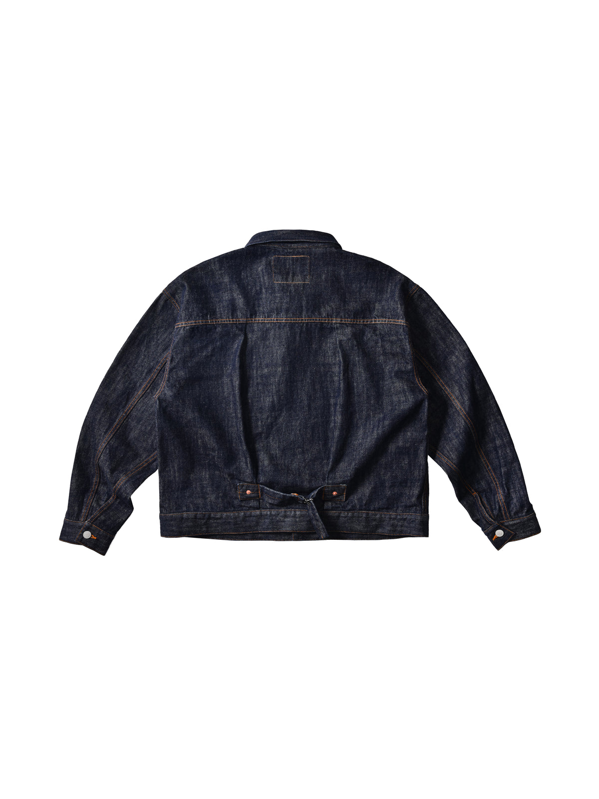 Back view of a dark blue denim jacket on a white background