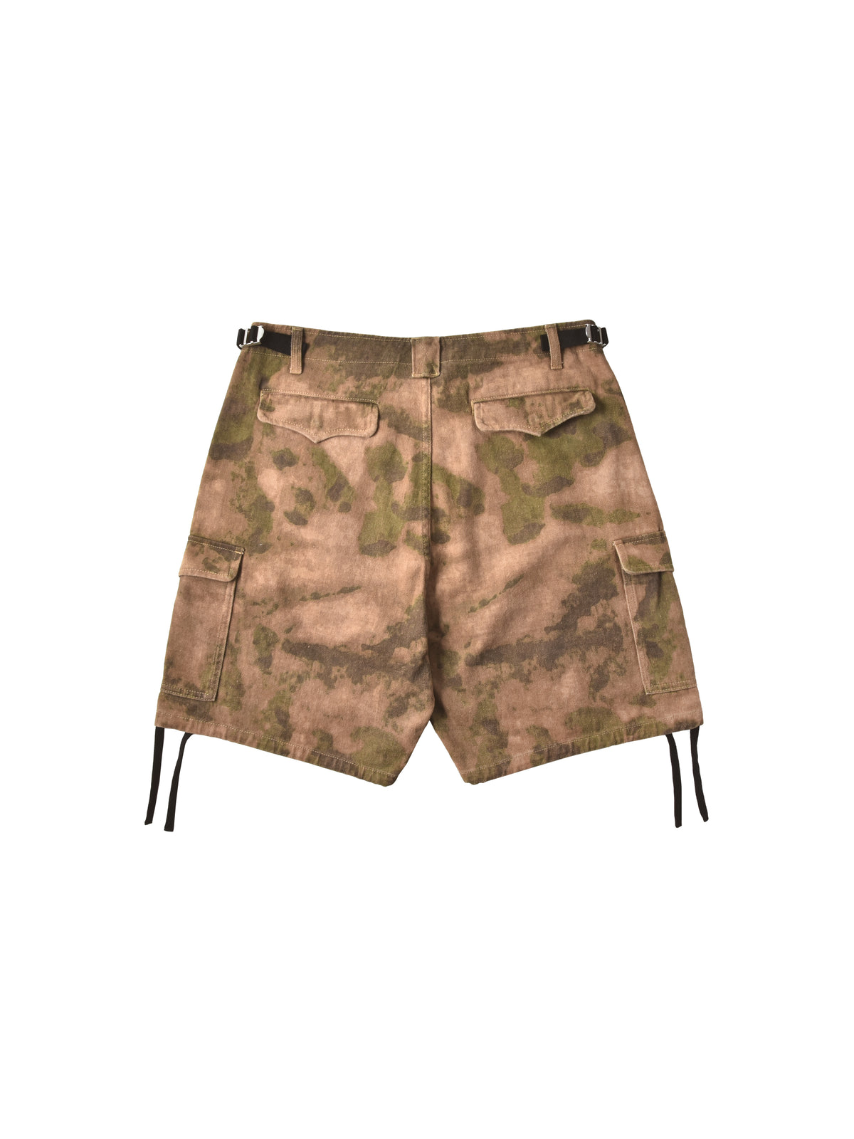 A pair of camouflage cargo shorts in a brown and green pattern, featuring a belt loop waist, flap cargo pockets, and black drawstrings at the hem, shown against a plain white background.